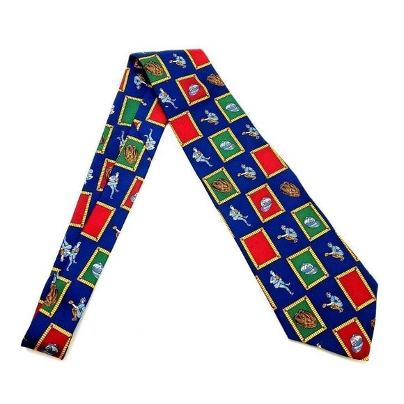 Vintage Tommy Hilfiger Colorblock Box Logo Silk Tie Blue Baseball Short Wide - Picture 6 of 6